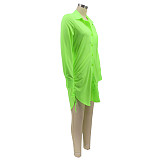 Long Sleeve Drawstring Ruched Button Shirt Dress HANI-078