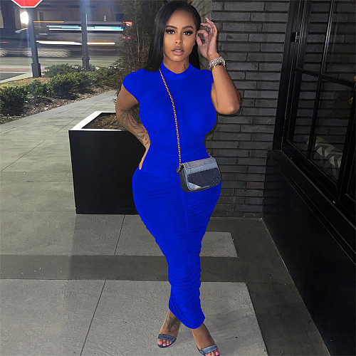 Short Sleeve O-neck Bodycon Ruched Basic Dresses TE-4403