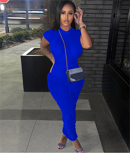 Short Sleeve O-neck Bodycon Ruched Basic Dresses TE-4403