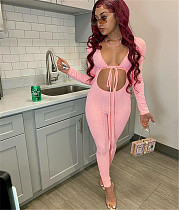 Long Sleeve Hollow Out Lace Up Skinny Jumpsuit SHA-86278