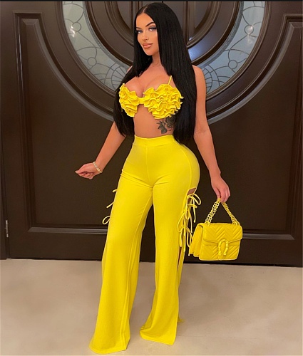 Floral Bra Halter Crop Tops High Side Split Pants Set ML-7468