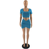 Short Sleeve T Shirt Crop Tops+Ruched Mini Skirt Set FOS-8200