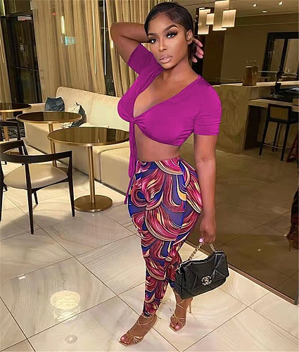 V Neck Lace Up Crop Top+Printing Legging Pants Set MEM-88421