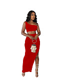 One Shoulder Crop Top Side Slit Skirt Two Piece Set WSM-5306