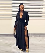 Deep V Neck Long Sleeves High Slit Evening Dress TB-5422