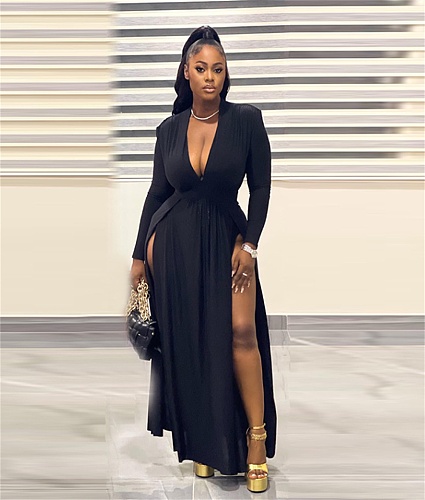 Deep V Neck Long Sleeves High Slit Evening Dress TB-5422