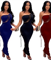 One Shoulder Solid Lace Up Sleeveless Cut Out Dresses OSM-3336
