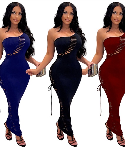 One Shoulder Solid Lace Up Sleeveless Cut Out Dresses OSM-3336