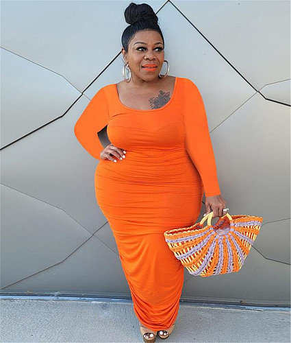 Plus Size Long Sleeve Pleated Bodycon Maxi Dress HEJ-21S6077