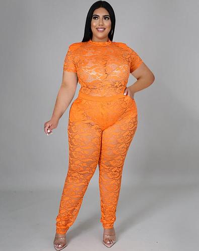 See Through Lace Short Sleeve Top+Pants Suit HEJ-22Y6107