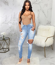 High Waist Stretch Butt Lift Ripped Hole Denim Pants HSF-2456