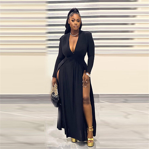 Deep V Neck Long Sleeves High Slit Evening Dress TB-5422