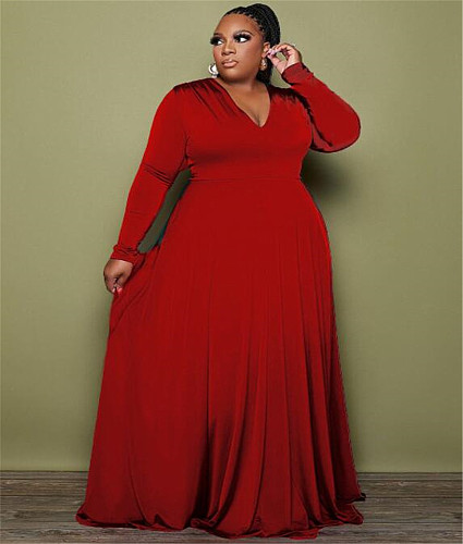 Solid V Neck Long Sleeve Loose Plus Size Dress SFY-085