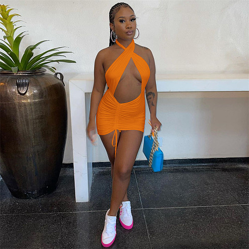 Solid Color Cross Halter Hollow Out Ruched Mini Dress MA-450