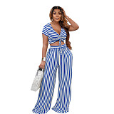 Striped Short Sleeve Bandage Crop Tops Wide Leg Pants Set AIL-207