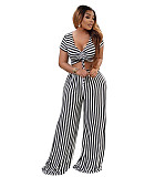 Striped Short Sleeve Bandage Crop Tops Wide Leg Pants Set AIL-207