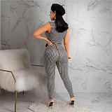 Sleeveless Lapel Deep V Sheath Plaid Jumpsuits ASL-6563