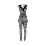Sleeveless Lapel Deep V Sheath Plaid Jumpsuits ASL-6563