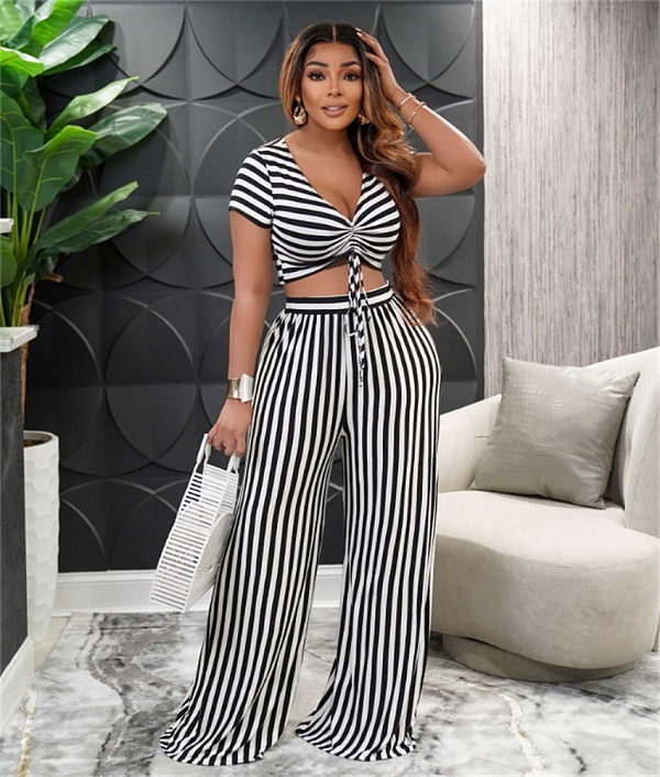 Striped Short Sleeve Bandage Crop Tops Wide Leg Pants Set AIL-207