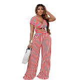 Striped Short Sleeve Bandage Crop Tops Wide Leg Pants Set AIL-207