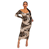 Plus Size Off Shoulder Floral Print Long Sleeve Dress OSS-22197