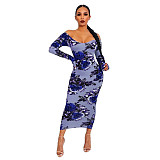 Plus Size Off Shoulder Floral Print Long Sleeve Dress OSS-22197