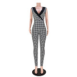 Sleeveless Lapel Deep V Sheath Plaid Jumpsuits ASL-6563