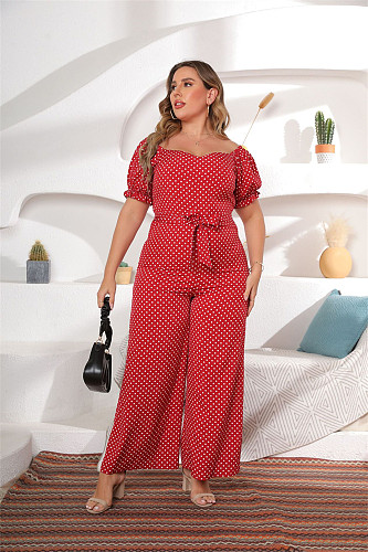 Dot Print Short Sleeve Slash Neck Wide Leg Jumpsuit HEJ-22S6111