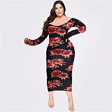 Plus Size Off Shoulder Floral Print Long Sleeve Dress OSS-22197