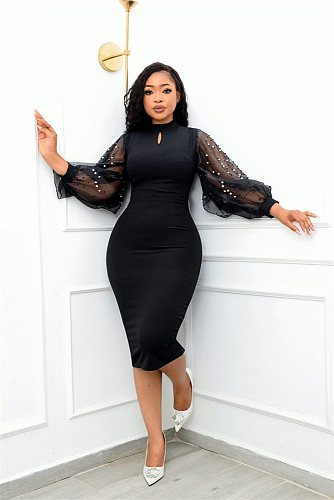 Nail Bead Mesh Long Sleeve Bodycon Pencil Dress  LS-0369