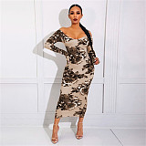 Plus Size Off Shoulder Floral Print Long Sleeve Dress OSS-22197