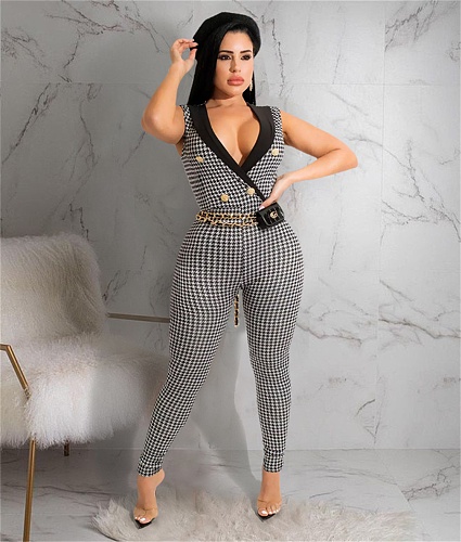 Sleeveless Lapel Deep V Sheath Plaid Jumpsuits ASL-6563