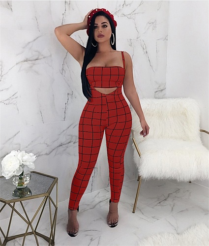 Plaid Strapless Crop Top+Skinny Jumpsuit Matching Sets BN-9065