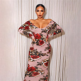 Plus Size Off Shoulder Floral Print Long Sleeve Dress OSS-22197