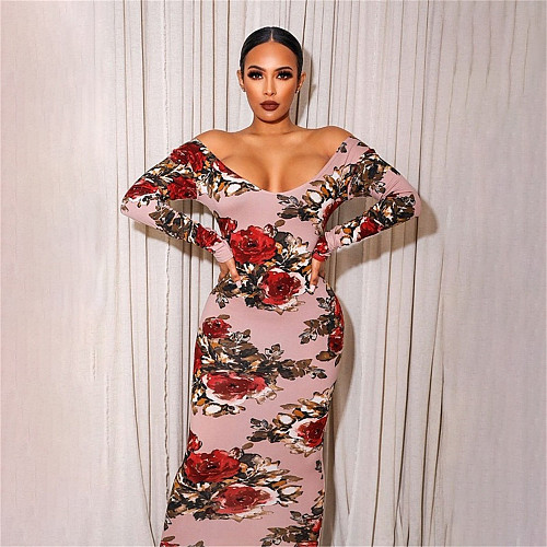Plus Size Off Shoulder Floral Print Long Sleeve Dress OSS-22197