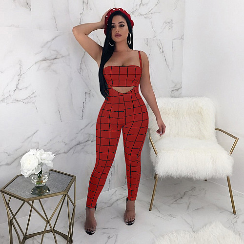 Plaid Strapless Crop Top+Skinny Jumpsuit Matching Sets BN-9065
