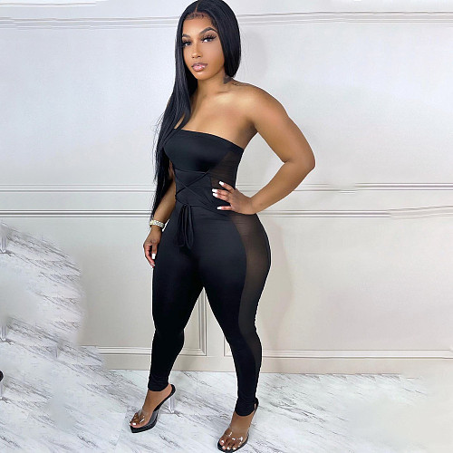 Mesh Patchwork Tie Up Front Sleeveless Jumpsuit HMS-5541