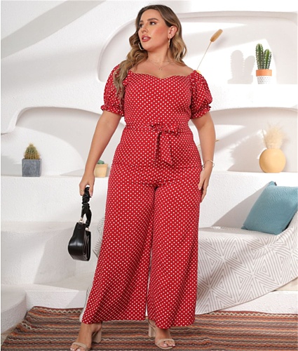 Dot Print Short Sleeve Slash Neck Wide Leg Jumpsuit HEJ-22S6111