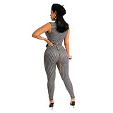 Sleeveless Lapel Deep V Sheath Plaid Jumpsuits ASL-6563
