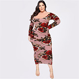 Plus Size Off Shoulder Floral Print Long Sleeve Dress OSS-22197