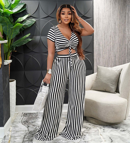 Striped Short Sleeve Bandage Crop Tops Wide Leg Pants Set AIL-207