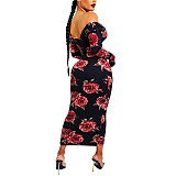 Plus Size Off Shoulder Floral Print Long Sleeve Dress OSS-22197