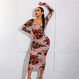 Plus Size Off Shoulder Floral Print Long Sleeve Dress OSS-22197