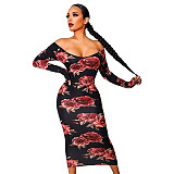 Plus Size Off Shoulder Floral Print Long Sleeve Dress OSS-22197