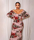 Plus Size Off Shoulder Floral Print Long Sleeve Dress OSS-22197