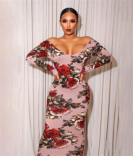 Plus Size Off Shoulder Floral Print Long Sleeve Dress OSS-22197