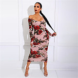 Plus Size Off Shoulder Floral Print Long Sleeve Dress OSS-22197