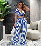 Striped Short Sleeve Bandage Crop Tops Wide Leg Pants Set AIL-207
