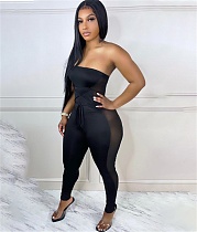 Mesh Patchwork Tie Up Front Sleeveless Jumpsuit HMS-5541