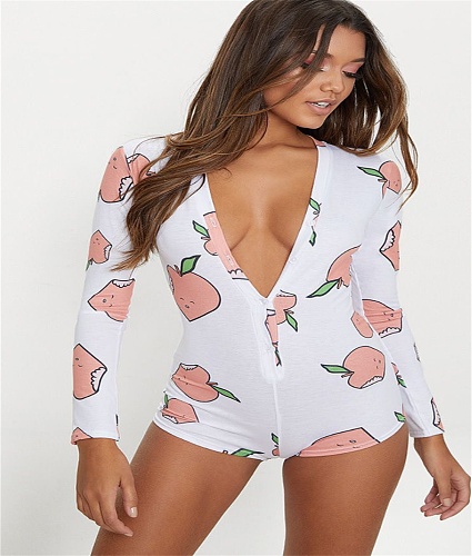 Apple Printed White Long Sleeve Sexy Onesies MM-1935